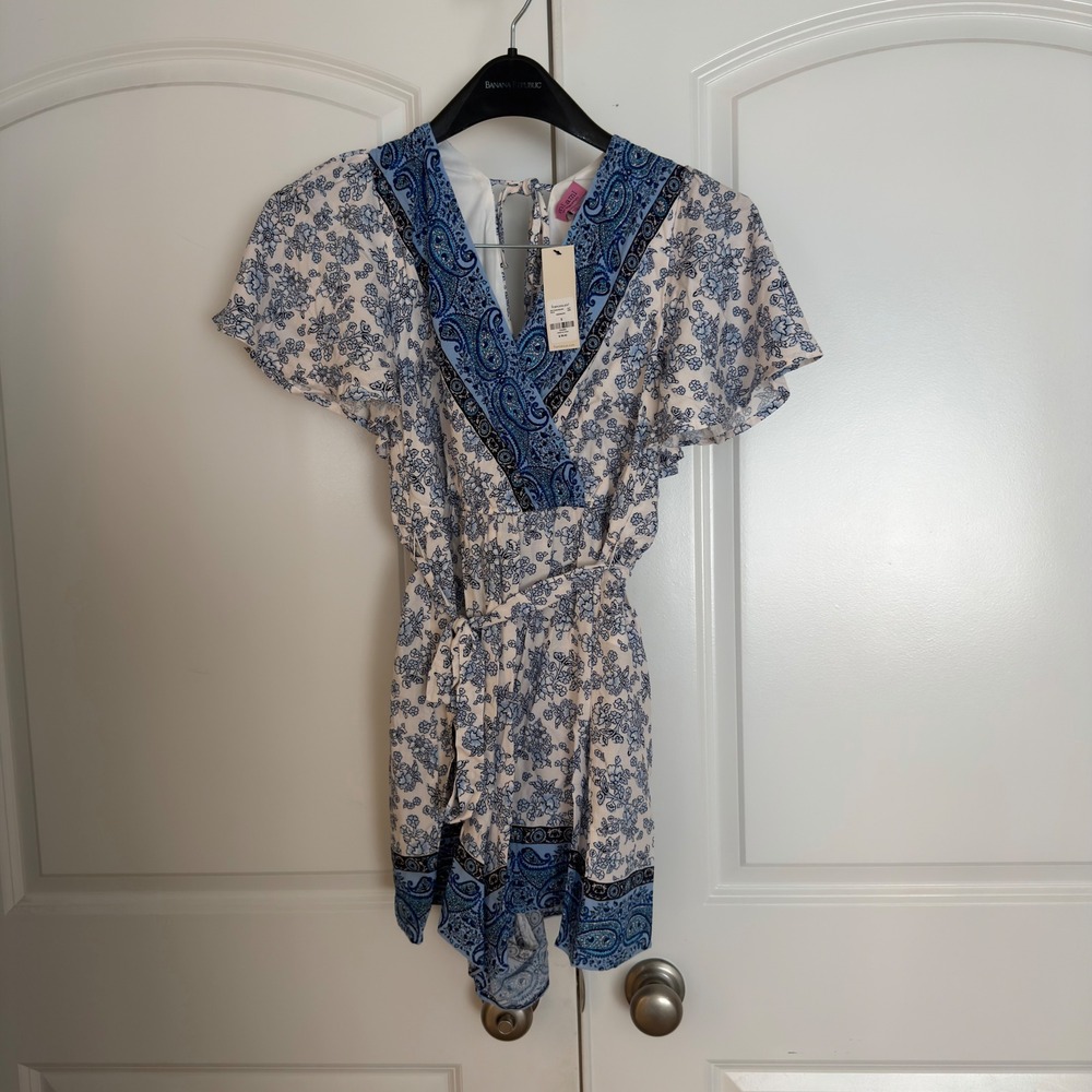Francescas Mi Ami Blue White Paisley Floral Romper Bettinaa168-whi Small NWT